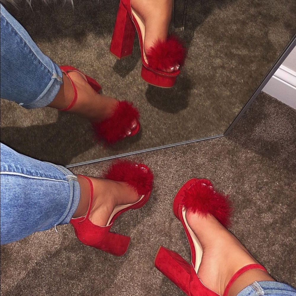 Red Faux Fur Heels - Size 10